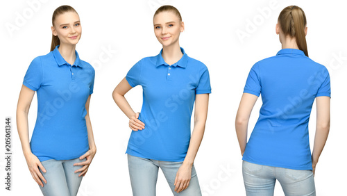 Download "Set promo pose girl in blank blue polo shirt mockup ...