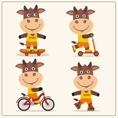 Set of isolated funny bull on bike, skateboard, scooter and roller skates.