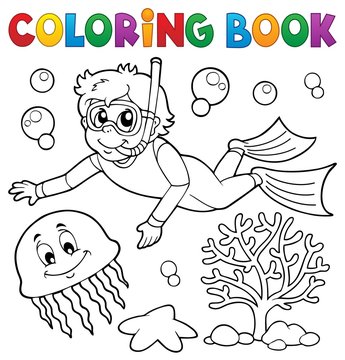 Coloring book boy snorkel diver