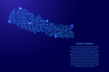 Map Nepal from printed board, chip and radio component with blue star space on the contour for banner, poster, greeting card. Computer electronics processor motherboard. Vector illustration.