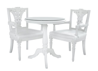 Set of white wooden vintage chairs standing is on white background with clipping path