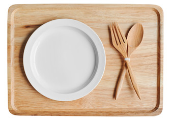 empty wood plate with blank dish and spoon ,frok