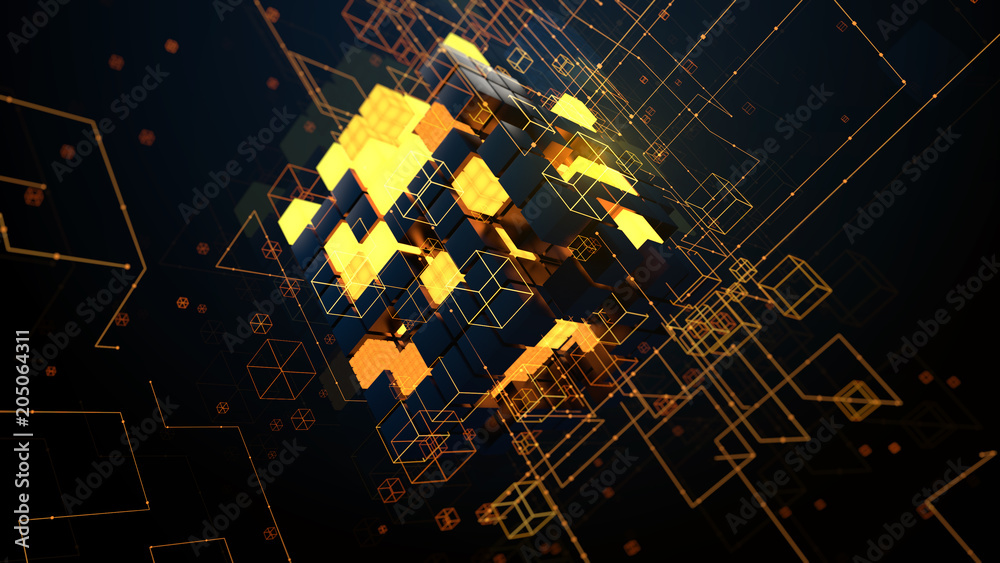 Poster 3d render abstract background. digital technology concept. random cubes with bright segments symboli