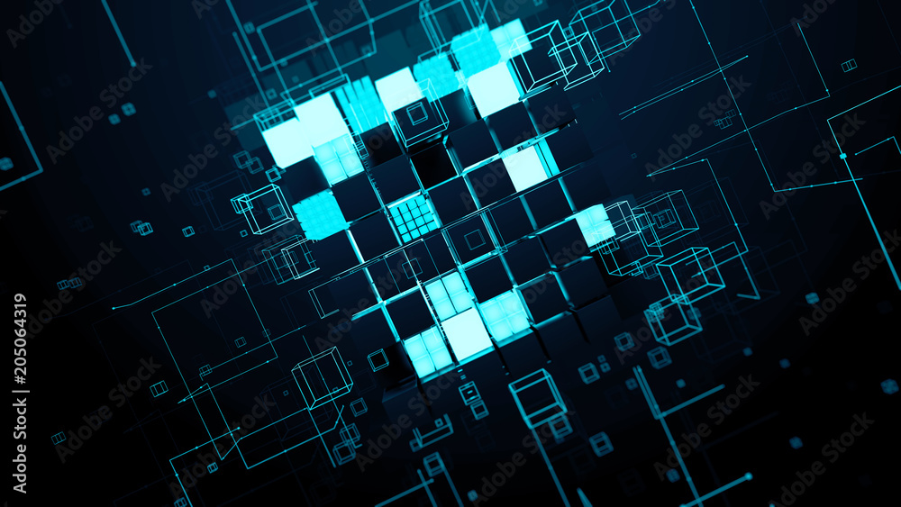 Poster 3d render abstract background. digital technology concept. random cubes with bright segments symboli