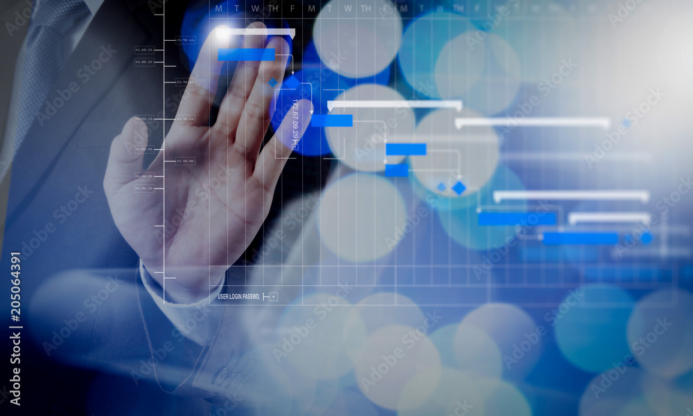 Poster double exposure of businessman working with digital cloud network concept