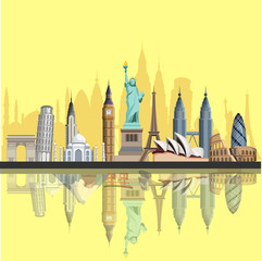 Yellow travel background with worldwide sights.