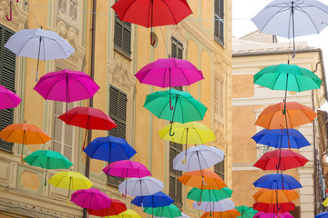 Outdoor Colorful and beautiful umbrellas hanging in the city street decoration in genova (genoa) italy.