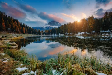 Zelfklevend Fotobehang Great view of the foggy lake Antorno in National Park Tre Cime di Lavaredo. Location Misurina, Dolomiti alps, Italy. © Leonid Tit