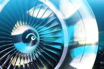 Engine of the airplane with blades is illuminated with light of disco, the party shines of soffits.