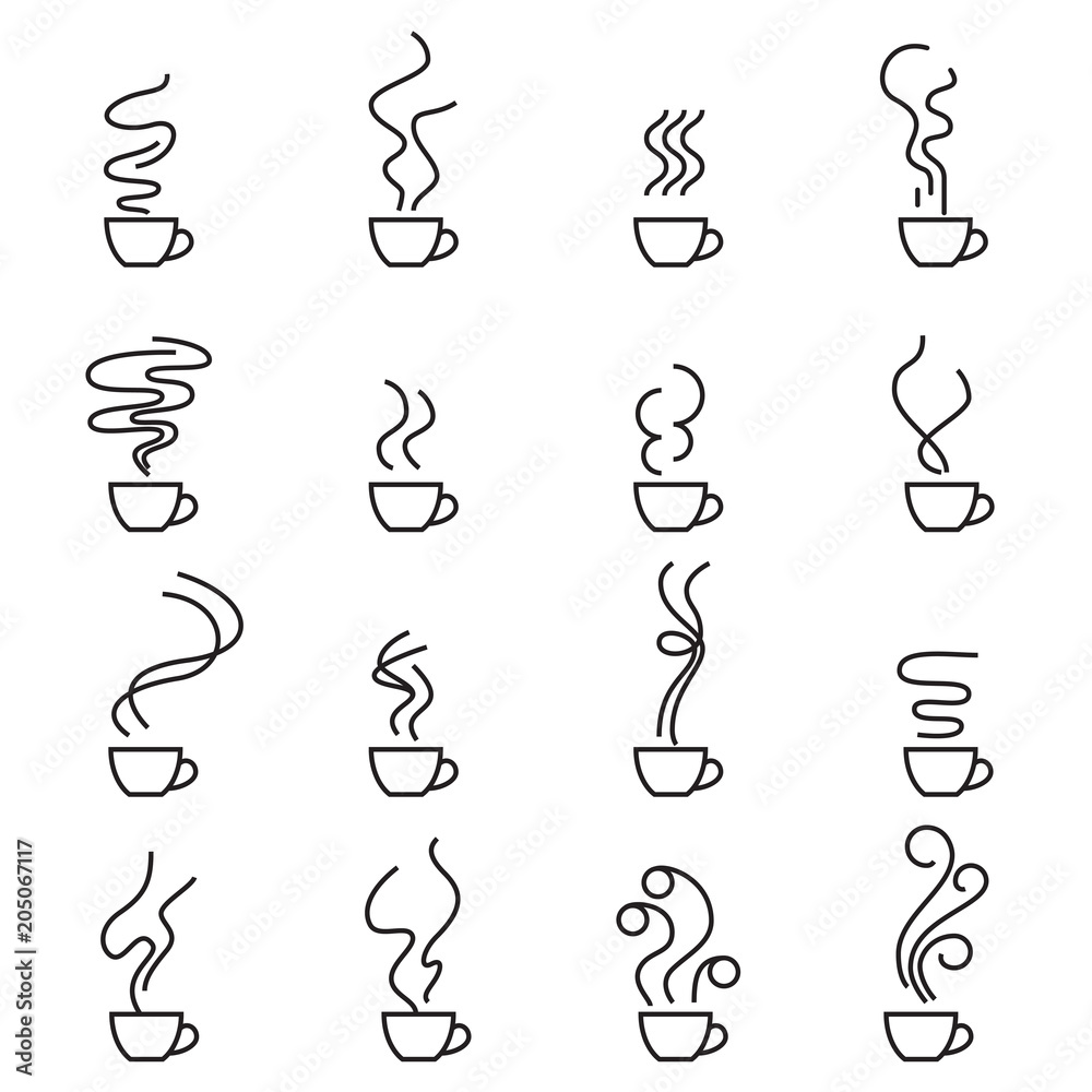 Wall mural set of 16 icons with different types of steam from a mug with a hot drink. isolated on white backgro