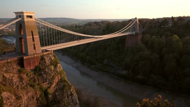Camera rises jib style past flowers to show Clifton Suspension Bridge in Avon England. Shot on spring evening