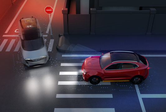 Red SUV avoid a accident from a minivan at crossroad. Advance driver-assistant system concept. 3D rendering image.