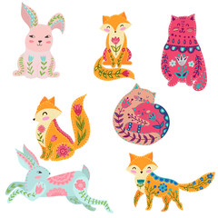 Folk set vector colorful illustration with beautiful fox, cats, rabbits and flowers. Animals in scandinavian style.