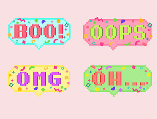 Vector pixel art 8bit set of four stikers. Pixel dialog cloud and font with modern geometric decor. Creative conversation chat and messenger sticker.