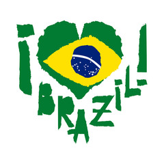 Love Brazil, America. Vintage national flag in silhouette of heart Torn paper grunge texture style. Independence day background. Good idea for retro badge, banner, T-shirt graphic design.