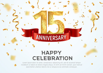 15 years anniversary vector banner template. Fifteenth year jubilee with red ribbon and confetti on white background - obrazy, fototapety, plakaty