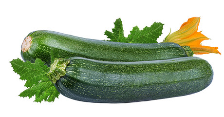 Fresh green zucchin with leaf and flower isolated on white background with clipping path