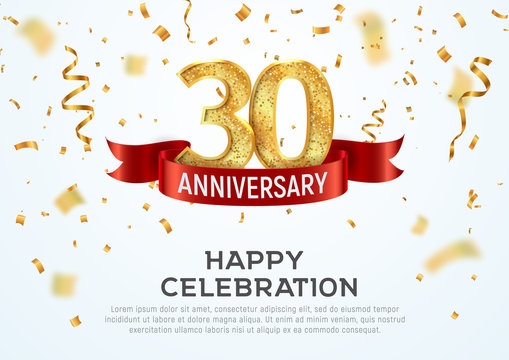 30 years anniversary vector banner template. Thirty year jubilee with red ribbon and confetti on white background