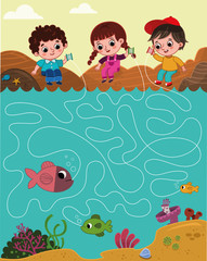 Vector illustration of three kids gone fishing. Puzzle game for children in cartoon style. Follow the lines to see who has caught the biggest fish.