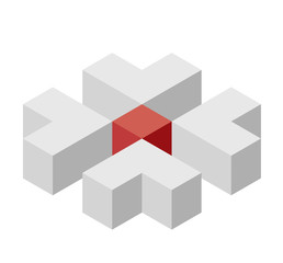 Abstract cube vector shape reminiscent of technological development, nanotechnology component. Isometric brand of scientific institution, research center, laboratories. Minimalistic block shape