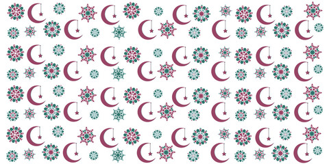 Beautiful vector background, for greeting card, packing paper, banner, business card, celebration or decoration for the Ramadan holiday. Geometric abstract ornament in the form of flowers, month, star