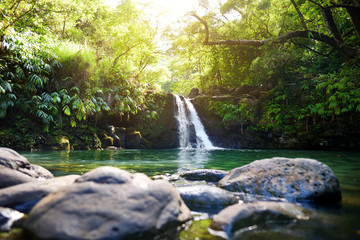Tropical waterfall Lower Waikamoi Falls and a small crystal clear pond, inside of a dense tropical rainforest, off the Road to Hana Highway, Maui, Hawaii