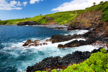 Rough and rocky shore at south coast of Maui, Hawaii