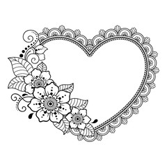 Pattern in form of heart for Henna, Mehndi, tattoo, decoration -frame. Decorative ornament in ethnic oriental style. Coloring book page.