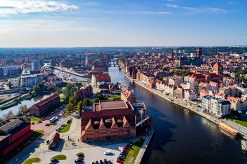 Gdansk, Poland. Aerial skyline with Motlawa river, bridges, marina, Baltic Philharmonic Hall and...