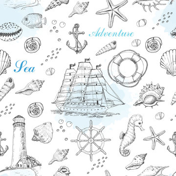 Summer seamless pattern with marine elements