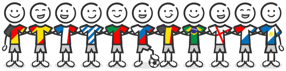Fußball Spieler Mannschaft mit Länder Flaggen Strichfiguren © pixelliebe