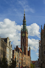 Fototapeta na wymiar View of the beautiful tower of the City Hall of Gdansk. Poland