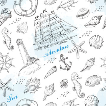 Summer seamless pattern with marine elements