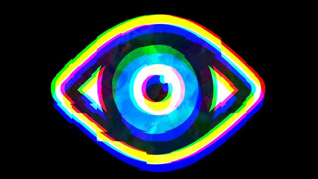 Shimmering vibrating open eye symbol, glitch effect animation loop 4K