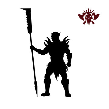 Black silhouette of orc with spear on background. Fantasy character. Angry warrior with weapon. Barbarian tattoo