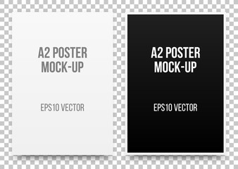 A2 white and black posters realistic template, mock-up with margins, realistic shadow and transparent background for design concepts, presentations, web, identity, prints. Vector illustration.