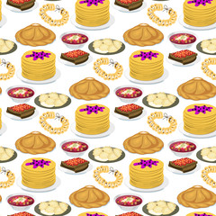 Traditional Russian cuisine seamless pattern background culture dish course food welcome to Russia gourmet national meal vector illustration