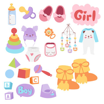 Baby toys icons cartoon family kid toyshop design cute boy and girl childhood art diaper drawing graphic love rattle fun vector illustration.