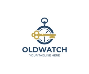 Old pocket watch and key logo template. Vintage key and clock vector design. Antique skeleton key and antique watch logotype