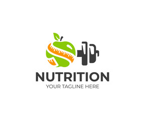 Sports nutrition logo template. Green apple with measure tape and metal dumbbell vector design. Fitness nutrition logotype
