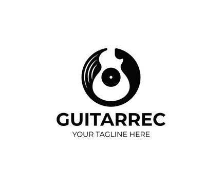 Vinyl record and electric guitar logo template. Guitar music disc vector design. Gramophone vinyl record logotype
