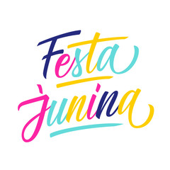 Festa Junina handwritten lettering text design. Brazil June Festival creative typography for holiday greetings and invitations. Vector illustration.