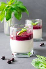 Pannacotta with black currant sweet souce and basil