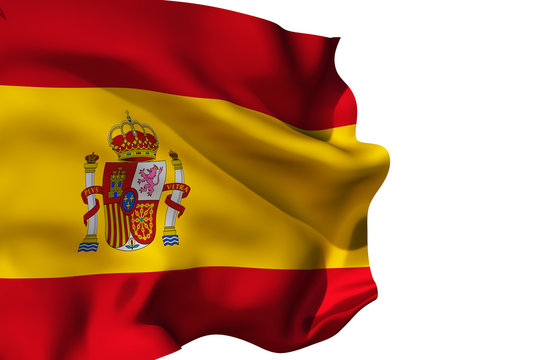 Spain flag Isolated  Silk waving flag with emblem of  Kingdom of Spain with a flagpole on a white background 3D illustration.