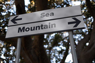Sea or mountain?: vacation decision road sign with opposite direction arrows. lifestyle choice concept.