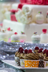 Fototapeta na wymiar Homemade topping sweet wedding cupcake./ Homemade sweet beauty flower and topping decoration on wedding cupcake.