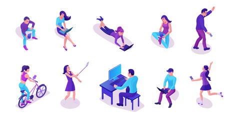 Fototapeta na wymiar Modern isometric people set with gadgets, talking by smartphone, using message service, taking selfie, working with laptop, trendy 3d men and girls in violet colors