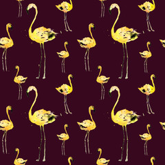 Hand Drawn Illustration With Flamingo. Exotic Summer Beach Motif. Swimwear Design, Wrapping, Background, Wallpaper, Fabric. Hawaiian Print. Jungle Birds Repeated Ornament. Aloha. Boho. Africa.