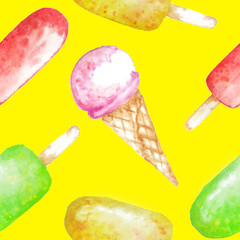 Seamless ice-cream pattern. Watercolor hand drawn summer beach print in unusual colors with ice lolly , Ice cream in a waffle cup. Childish baby background. Food print. Fabric, paper, cover, web