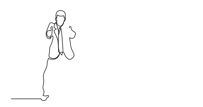 Self drawing animation of continuous line drawing of emotional business person showing thumbs up